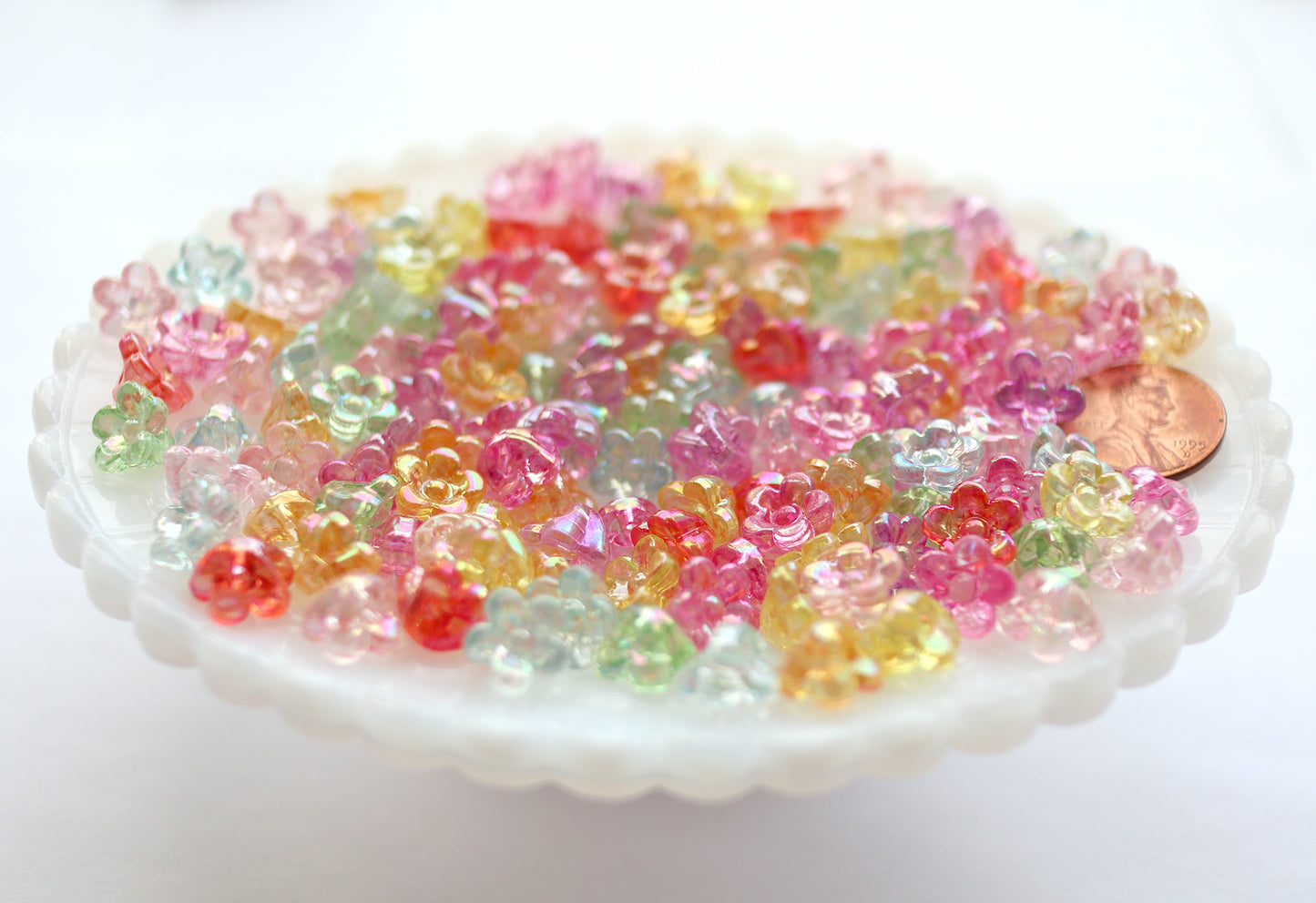 Flower Beads - 10mm Tiny 3D Flower AB Bead with Back Hole Iridescent Transparent Color Plastic Acrylic or Resin Beads – 150 pc set