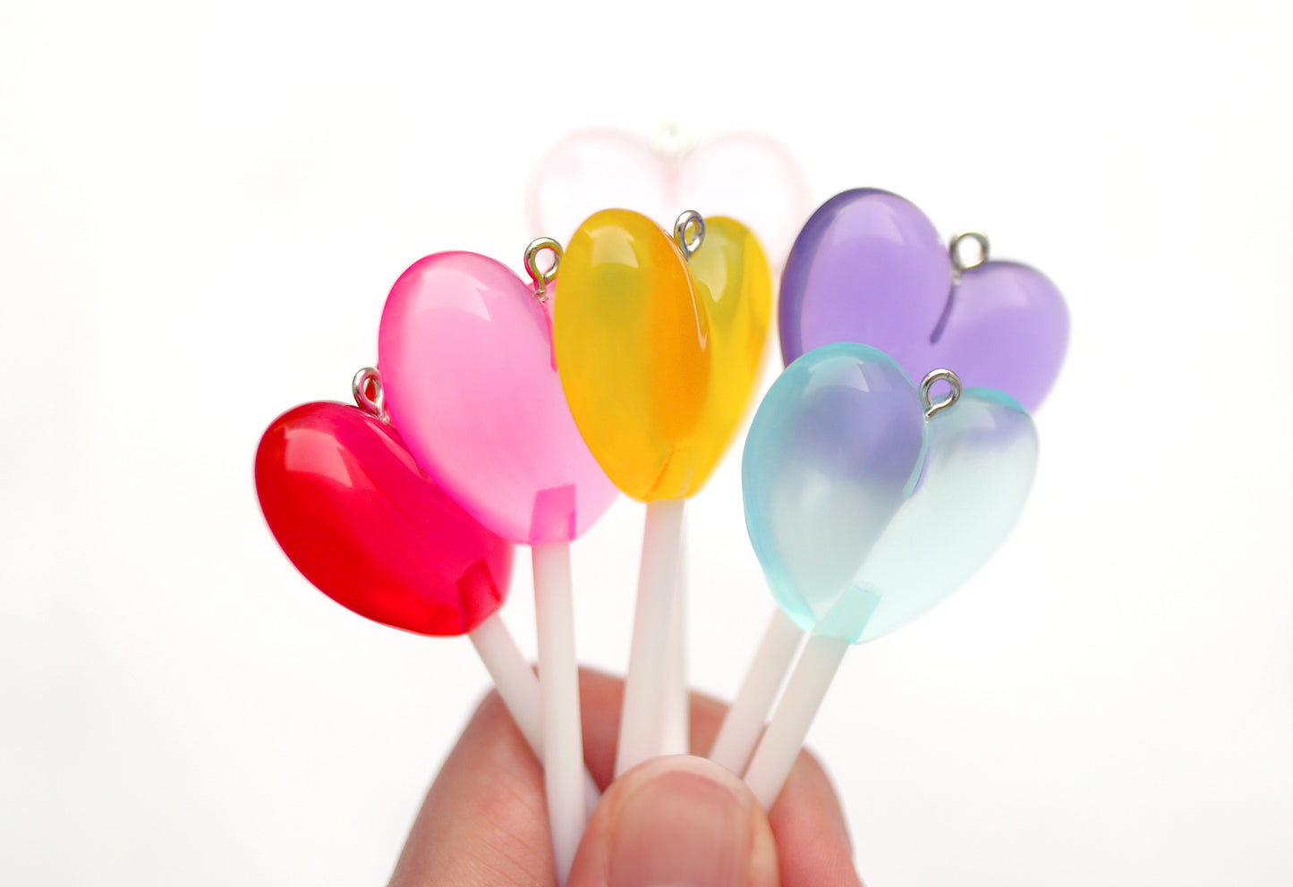 Heart Lollipop Charms - 70mm Big Translucent Heart Shaped Fake Candy Acrylic or Resin Charms - 6 pc set