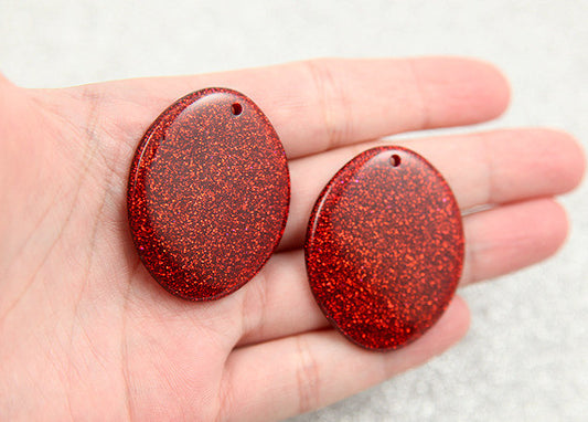40mm Red Glitter Resin Oval Pendants or Charms – 6 pc set