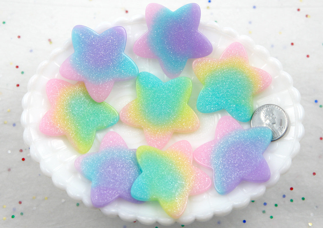 Pastel Star Cabochons - 40mm Pastel Shimmer Rainbow Star Resin Flat back Cabochons - 6 pc set