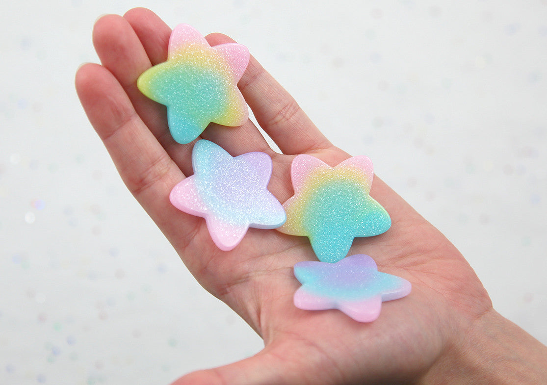 Pastel Star Cabochons - 40mm Pastel Shimmer Rainbow Star Resin Flat back Cabochons - 6 pc set