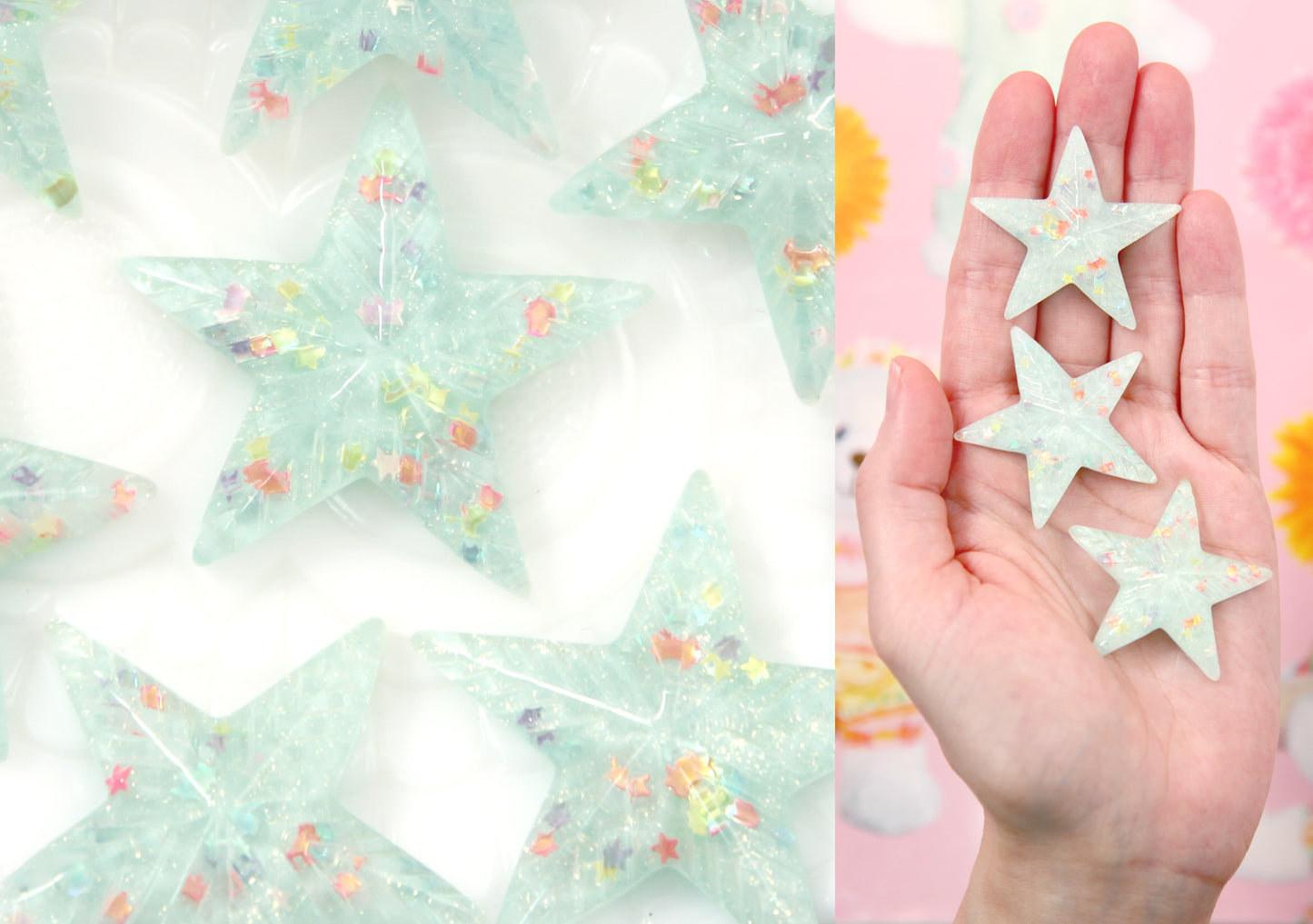 Pastel Star Flatbacks - 40mm Lg Pastel Blue Confetti Star Resin Cabochons or Flat backs - 6 pc set