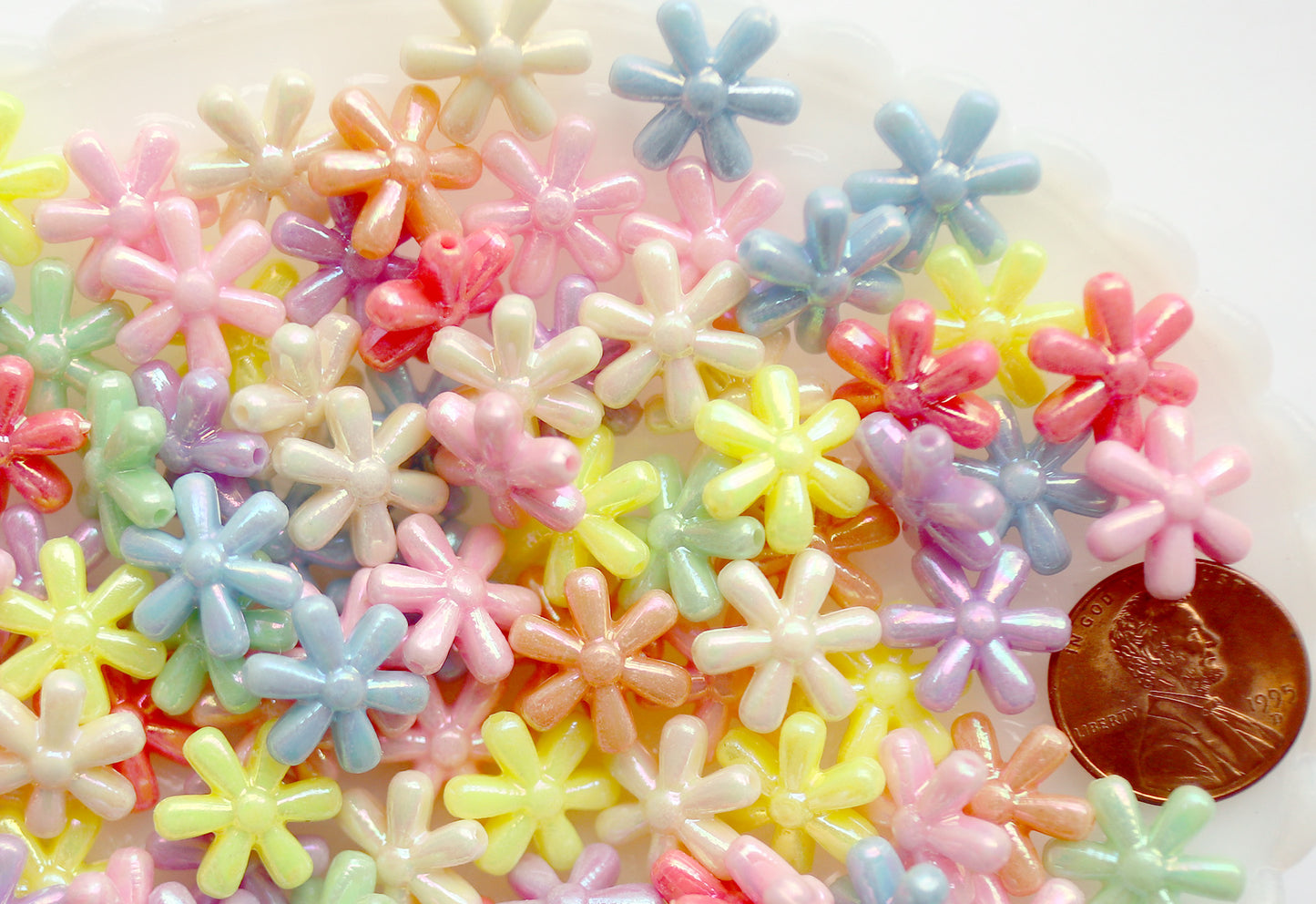 Flower Beads - 13mm AB Pastel 6-Petal Flower Beautiful Bright Iridescent Color Plastic Acrylic or Resin Beads – 100 pc set