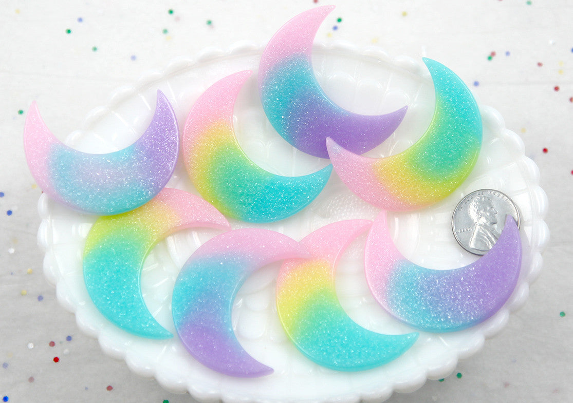 Pastel Moon Cabochons - 44mm Pastel Shimmer Rainbow Moon Resin Flat back Cabochons - 6 pc set