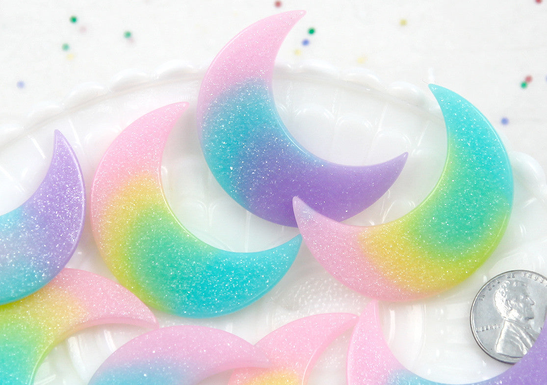 Pastel Moon Cabochons - 44mm Pastel Shimmer Rainbow Moon Resin Flat back Cabochons - 6 pc set