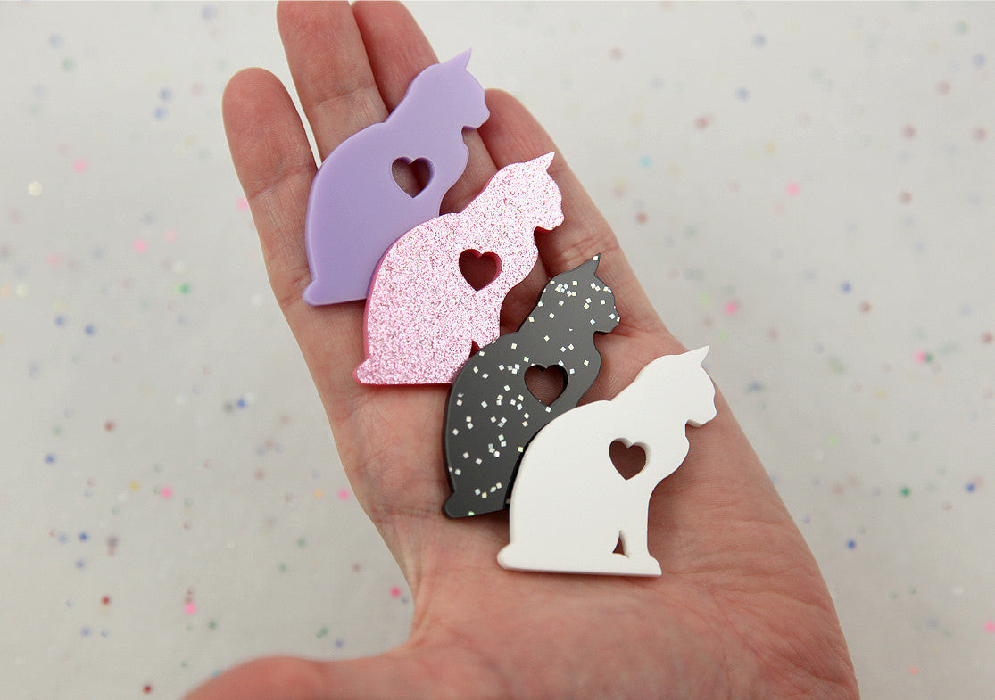 45mm Love Cat Silhouette Profile Kitty with Heart Mixed Colors Acrylic or Resin Cabochons - Glitter Pink + Black, White, Purple - 8 pc set