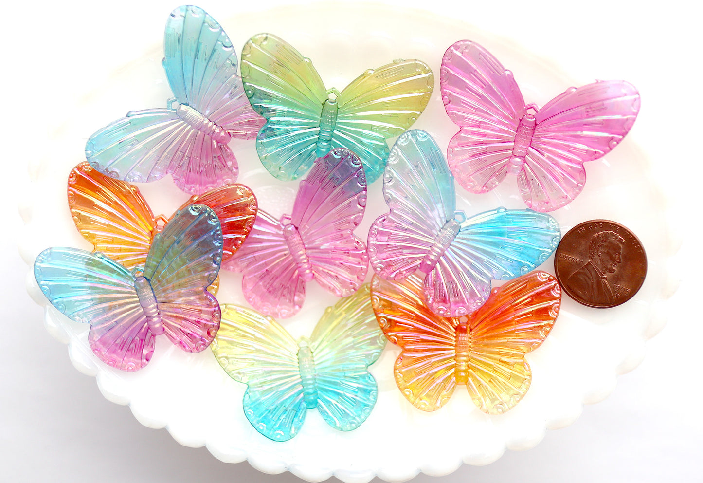 Butterfly Charms - 30mm Big AB Iridescent Butterfly Resin or Acrylic Plastic Charms or Pendants - 8 pc set