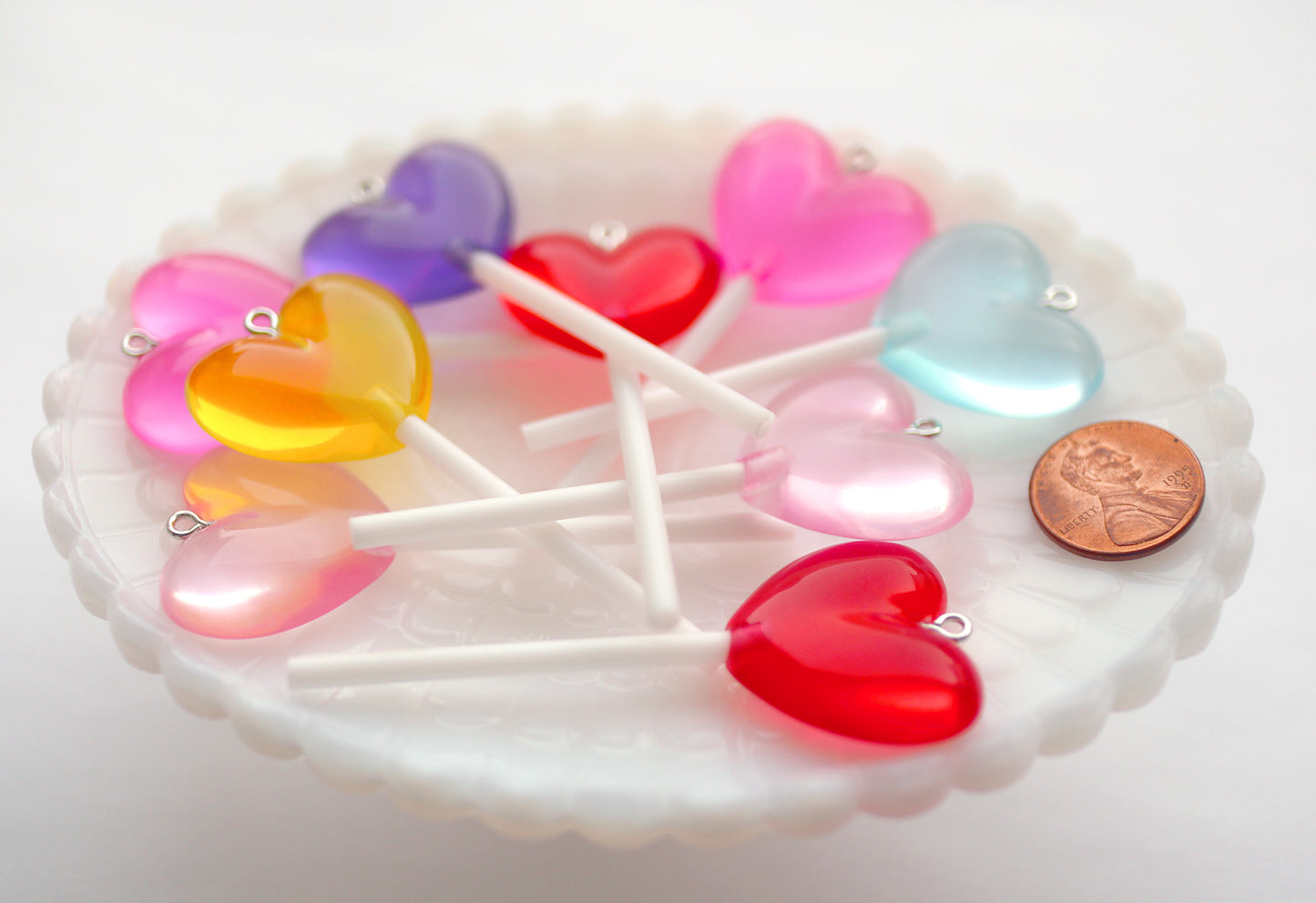 Heart Lollipop Charms - 70mm Big Translucent Heart Shaped Fake Candy Acrylic or Resin Charms - 6 pc set