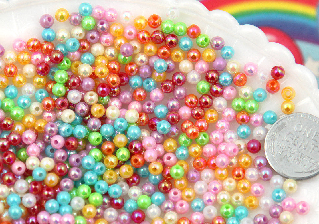 4mm AB Super Tiny Shiny Iridescent Pearly Plastic or Acrylic Beads - Great as Spacer Beads - 1000 pc set