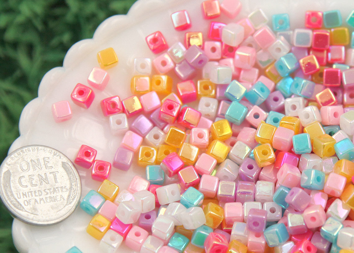 4mm Super Tiny Iridescent Pastel AB Mix Square Cube Acrylic or Resin Beads - 200 pc set