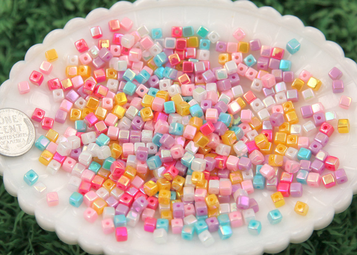 4mm Super Tiny Iridescent Pastel AB Mix Square Cube Acrylic or Resin Beads - 200 pc set