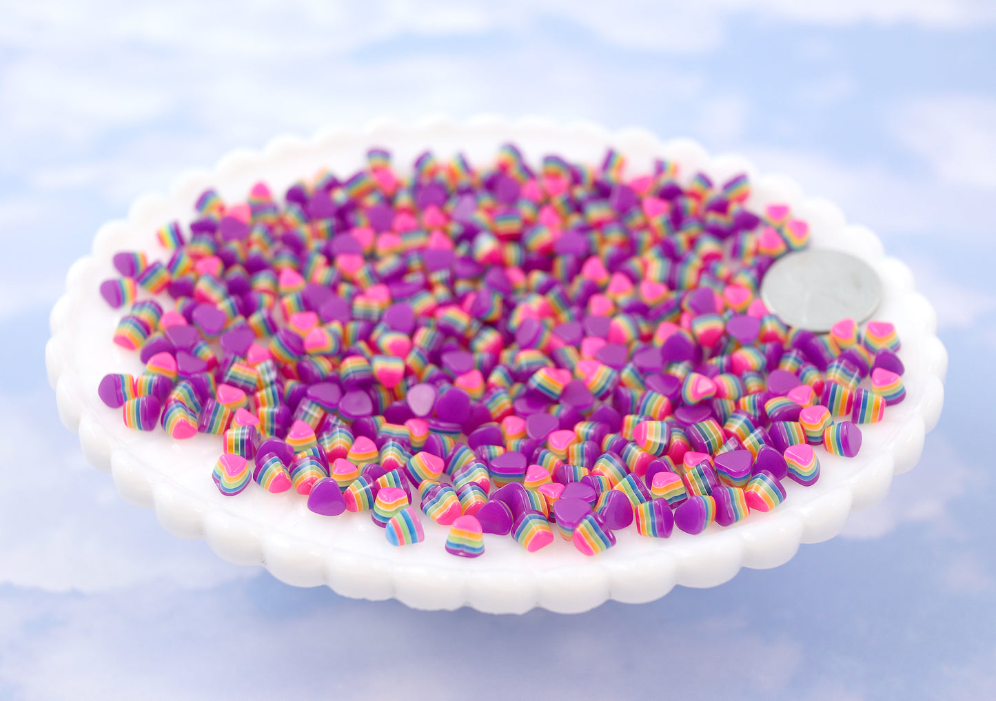 5mm Tiny Bright Striped Purple Neon Rainbow Hearts Resin Flatback Cabochons - 15 pcs set