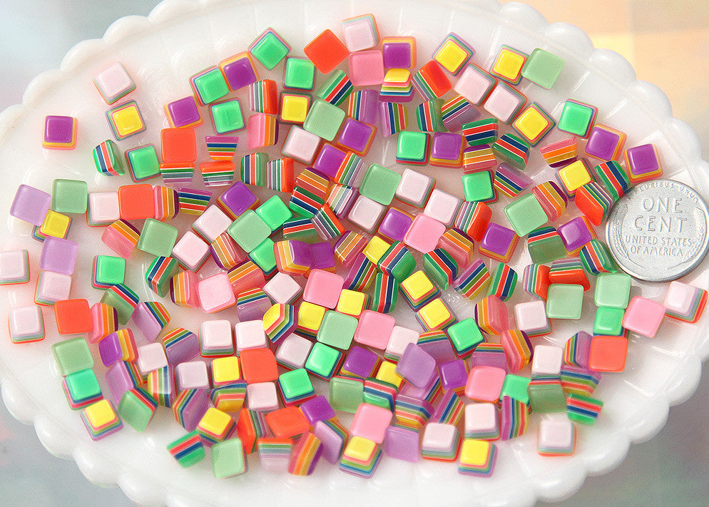 7mm Tiny Candy Cube Bright Striped Neon Rainbow Resin Flatback Cabochons - 20 pc set