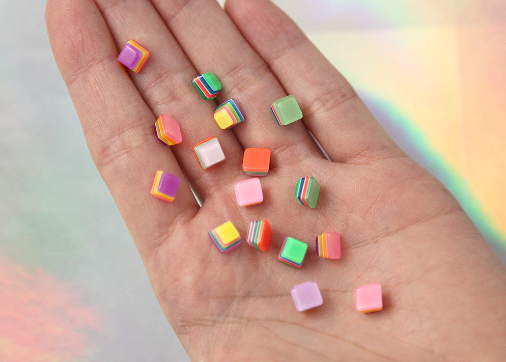 7mm Tiny Candy Cube Bright Striped Neon Rainbow Resin Flatback Cabochons - 20 pc set