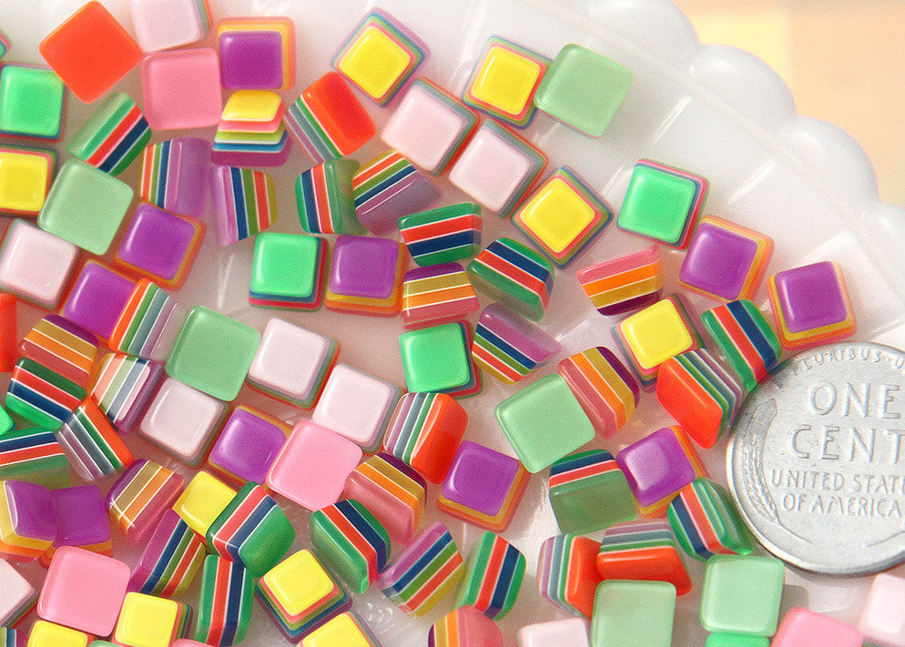 7mm Tiny Candy Cube Bright Striped Neon Rainbow Resin Flatback Cabochons - 20 pc set