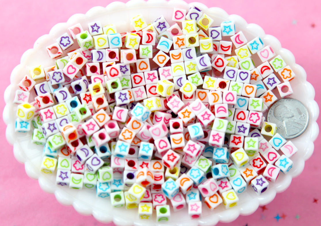 Symbols for 6mm Letter Beads - 6mm Cube Shaped Moon Heart Flower and Star Symbols for Alphabet Beads Acrylic or Resin Beads - 400 pc set
