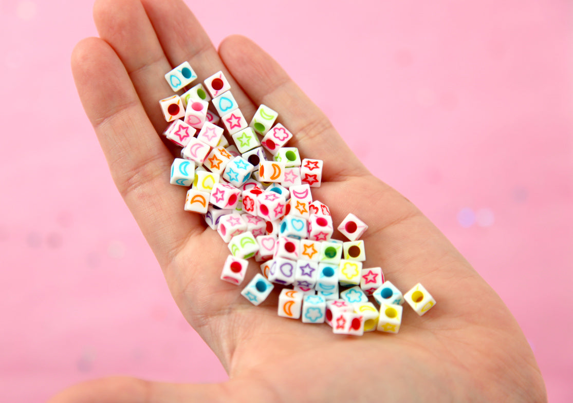 Symbols for 6mm Letter Beads - 6mm Cube Shaped Moon Heart Flower and Star Symbols for Alphabet Beads Acrylic or Resin Beads - 400 pc set