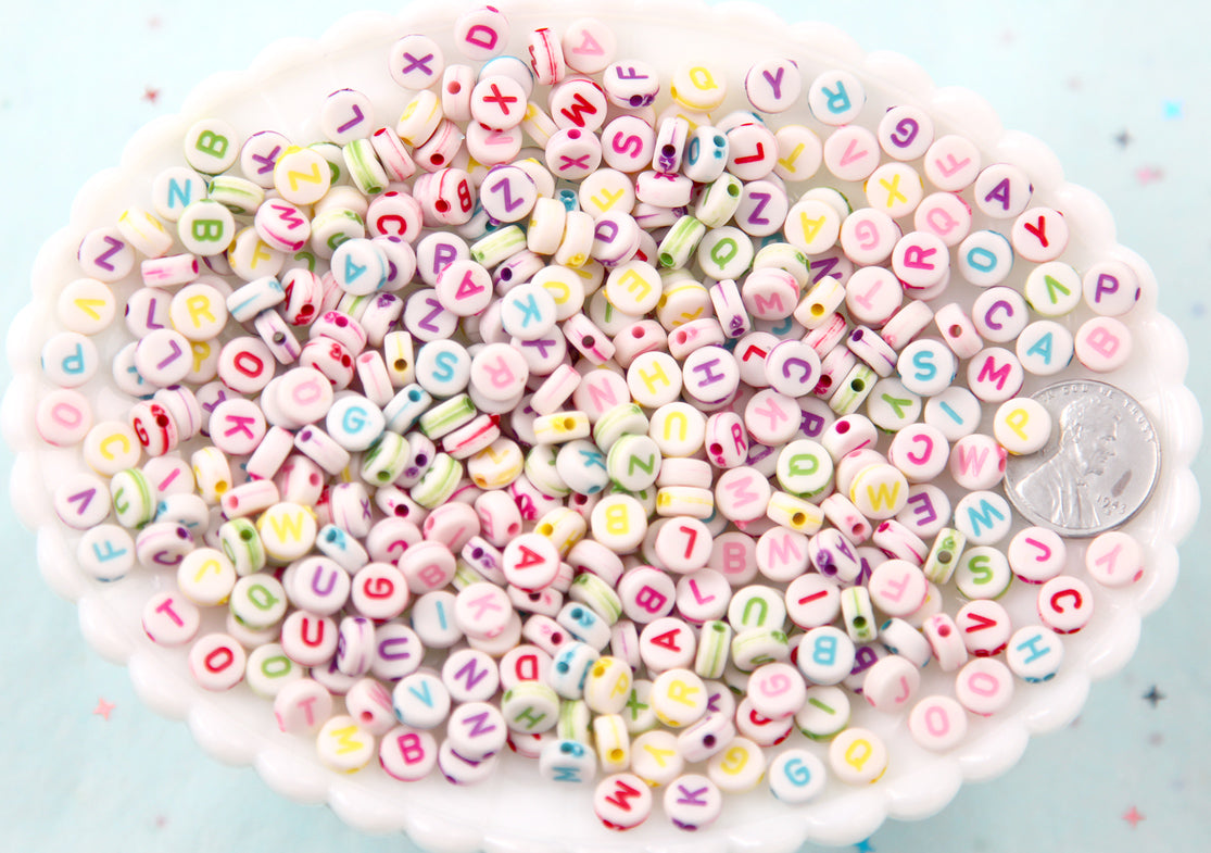 Letter Beads - 7mm Little Round Colorful White Alphabet Acrylic or Resin Beads - 400 pc set