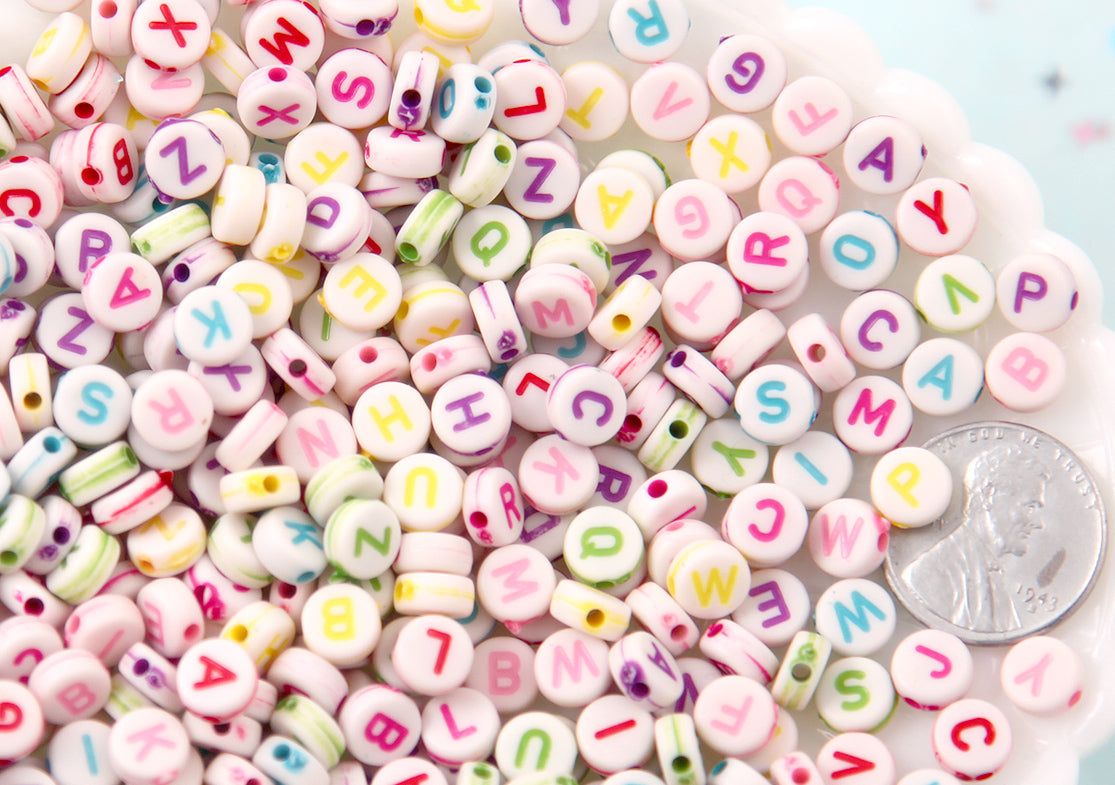 Letter Beads - 7mm Little Round Colorful White Alphabet Acrylic or Resin Beads - 400 pc set