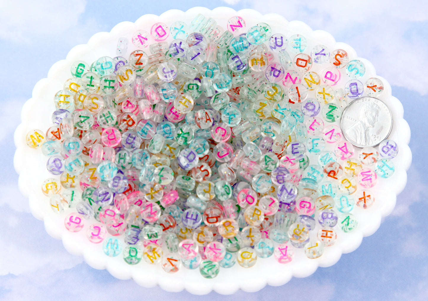 Glitter Letter Beads - 7mm Little Transparent Glitter Colorful Round Alphabet Acrylic or Resin Beads - 400 pc set