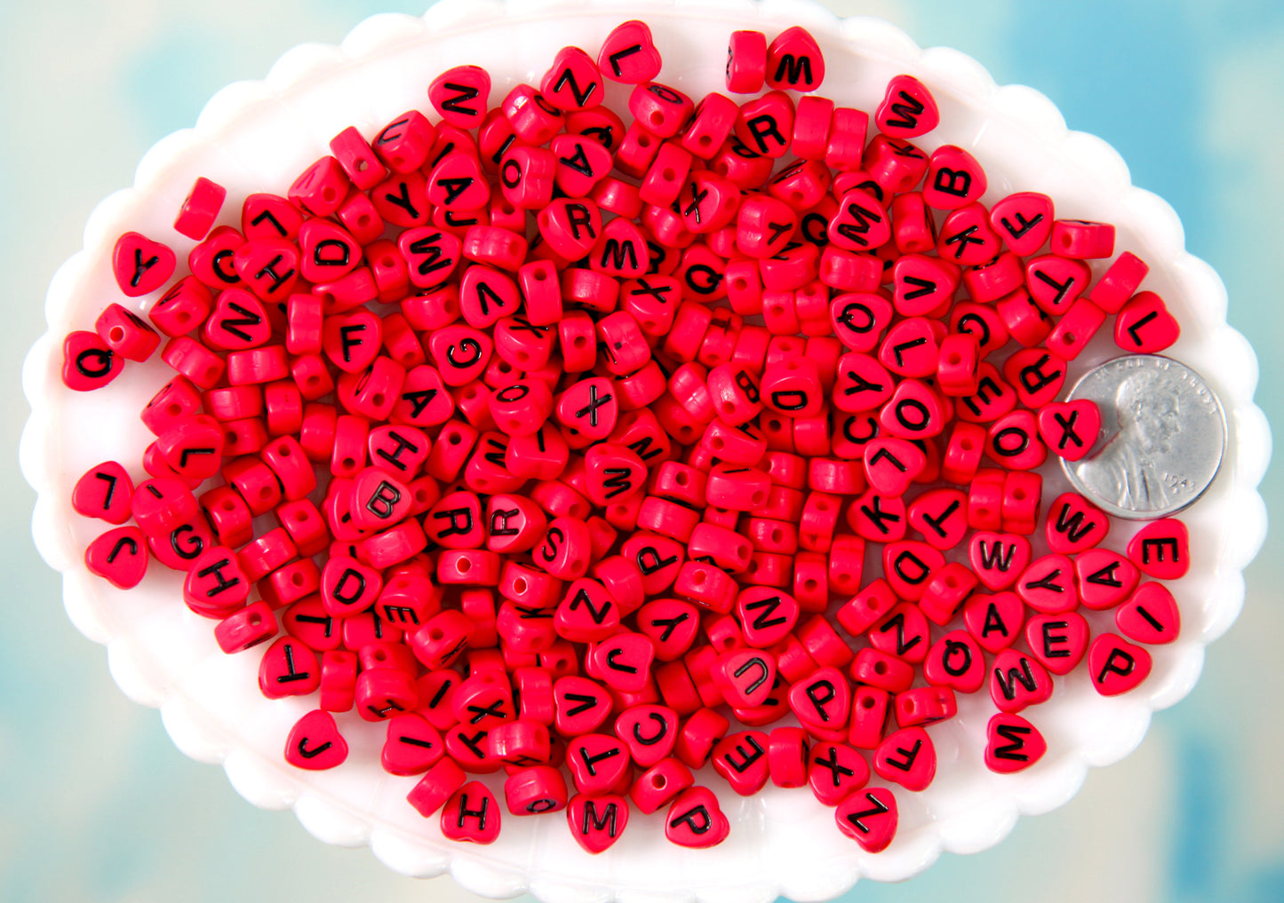 Letter Beads - 7mm Little Red Heart Shaped Alphabet Acrylic or Resin Beads - 300 pc set