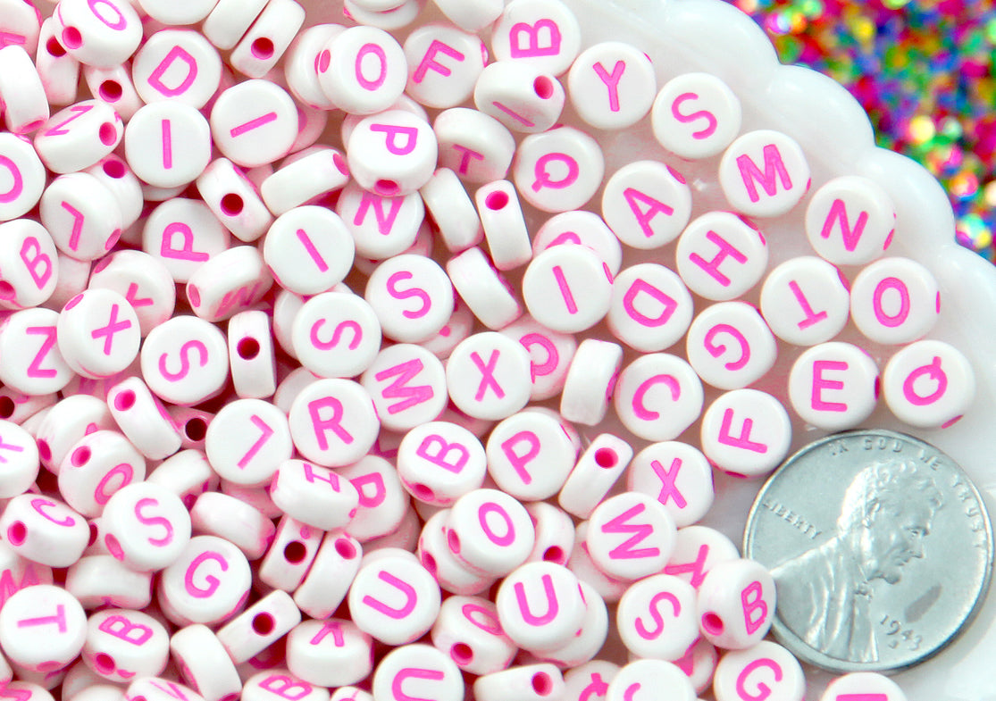Letter Beads - 7mm White Bead with Pink Text Round Alphabet Acrylic or Resin Beads - 400 pc set