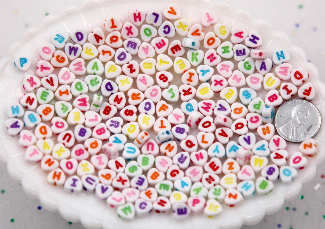Letter Beads - 7mm Little Colorful Heart Shaped Alphabet Acrylic or Resin Beads - 400 pc set