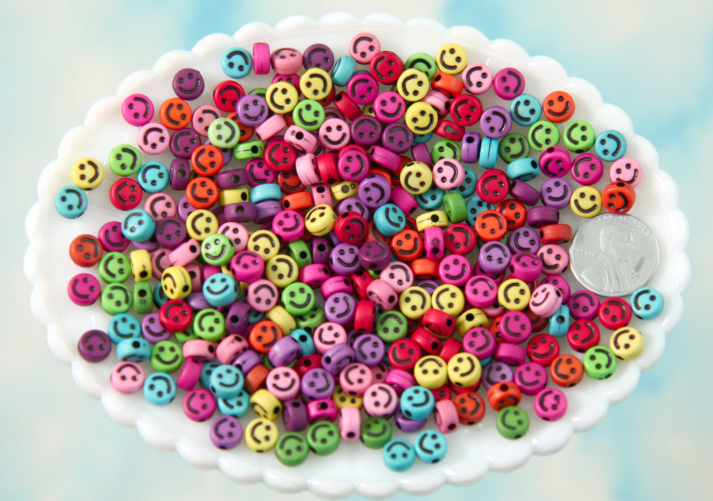 Happy Face Beads - 7mm Tiny Mixed Color Smile Shape Acrylic or Resin Beads - 300 pc set