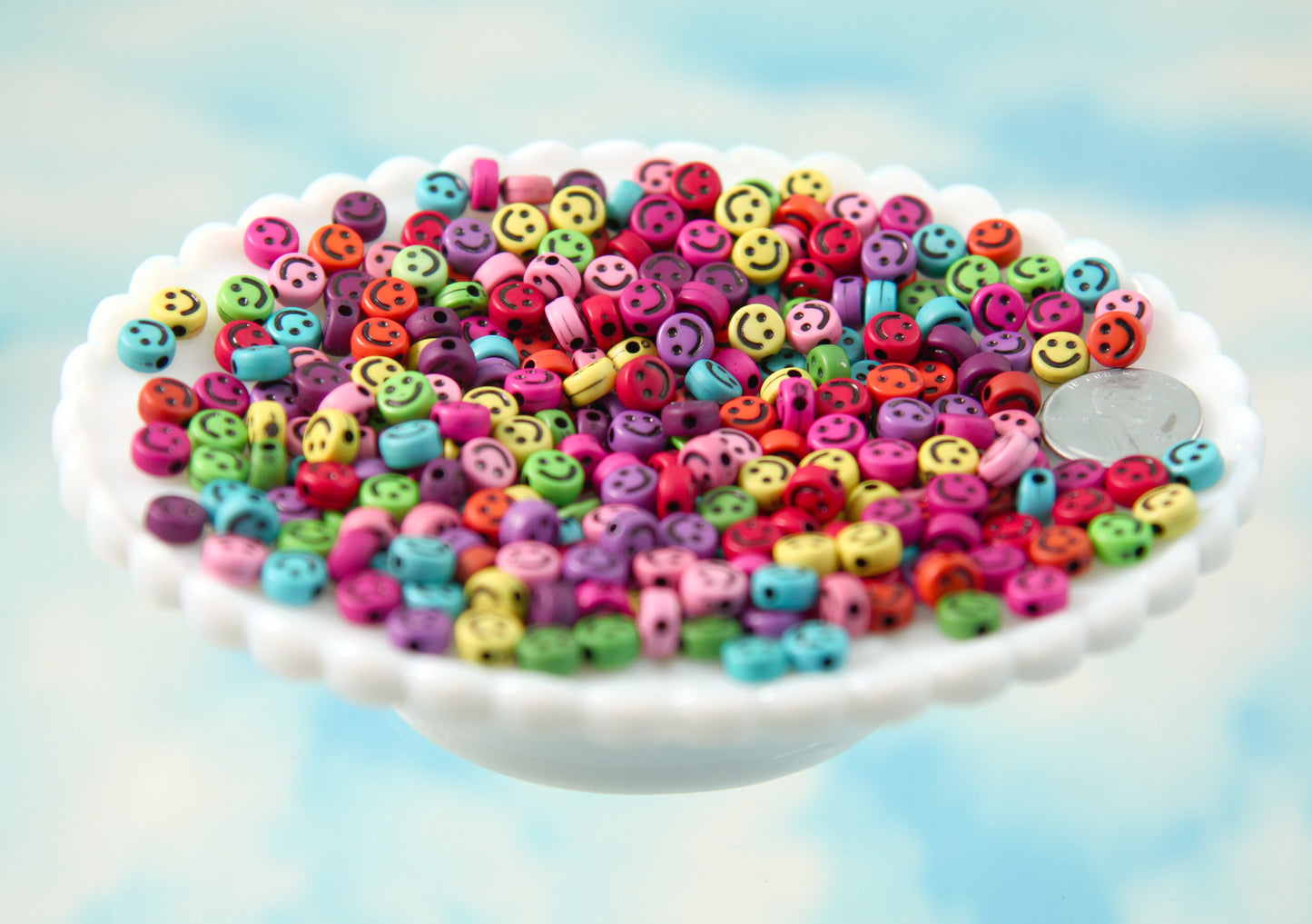 Happy Face Beads - 7mm Tiny Mixed Color Smile Shape Acrylic or Resin Beads - 300 pc set