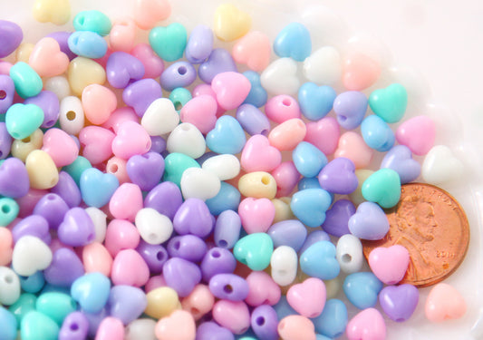 Pastel Heart Beads - 7mm Super Tiny Plastic Pastel Heart Resin or Acrylic Beads - 200 pc set