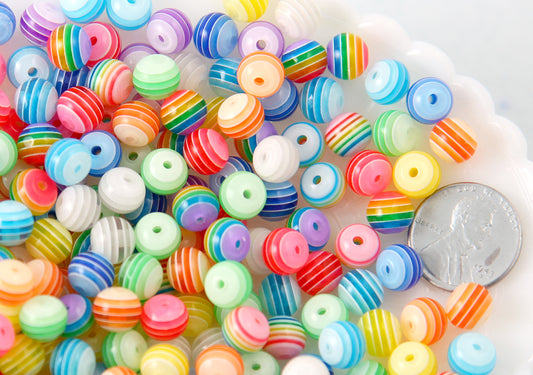 Striped Resin Beads - 8mm Small Translucent Striped Resin or Acrylic Beads, mixed color, small size beads - 100 pc set