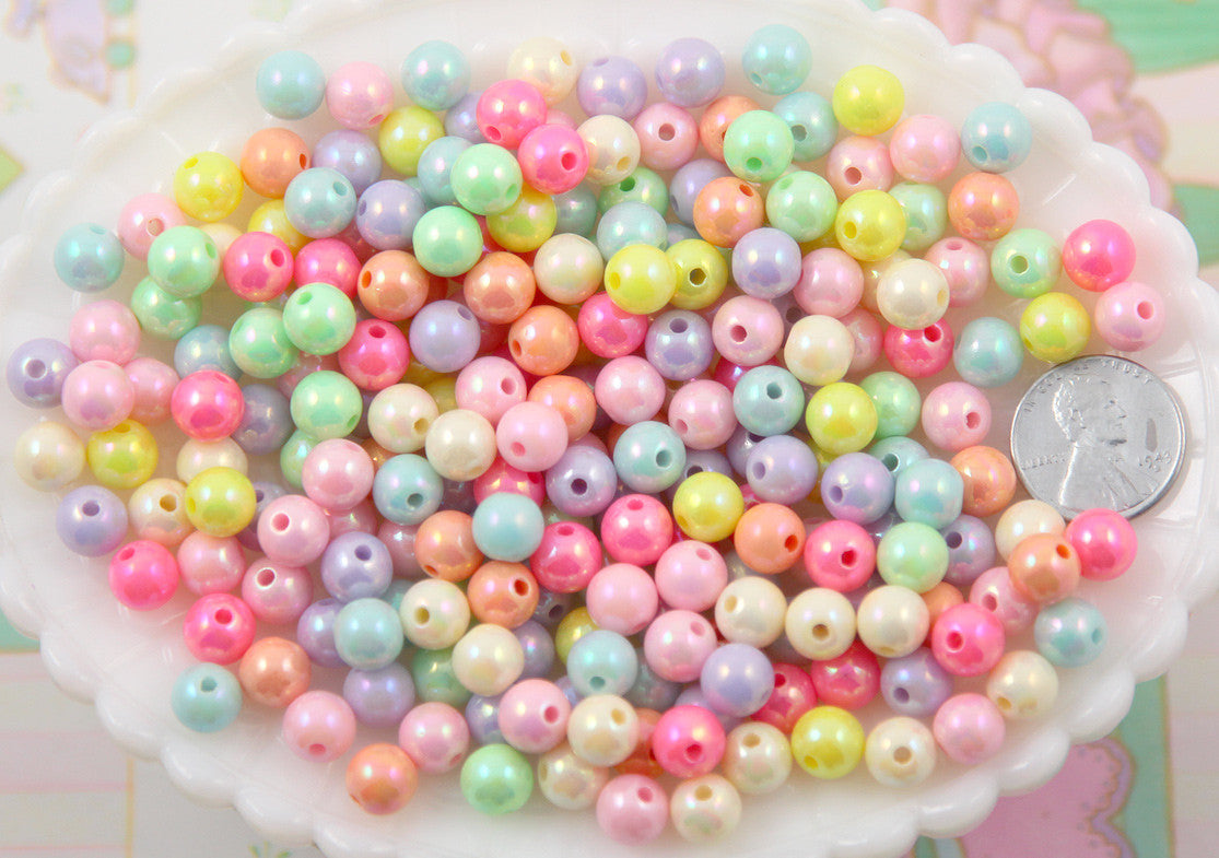 8mm Ice Cream Pastel Colors Shiny AB Iridescent Small Round Shape Plastic or Acrylic Beads - 150 pcs set