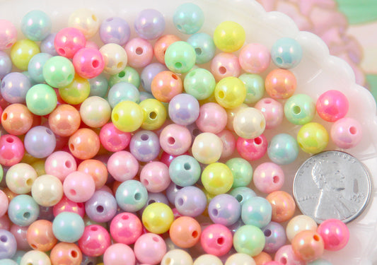 8mm Ice Cream Pastel Colors Shiny AB Iridescent Small Round Shape Plastic or Acrylic Beads - 150 pcs set