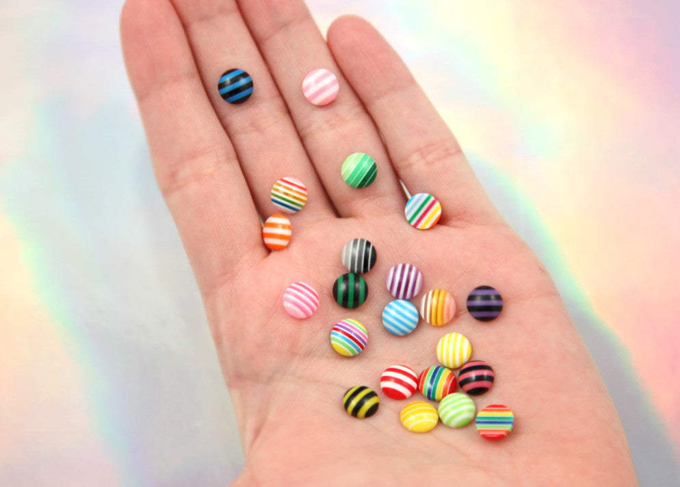 8mm Tiny Round Striped Mixed Flatback Acrylic or Resin Cabochons - 50 pc set