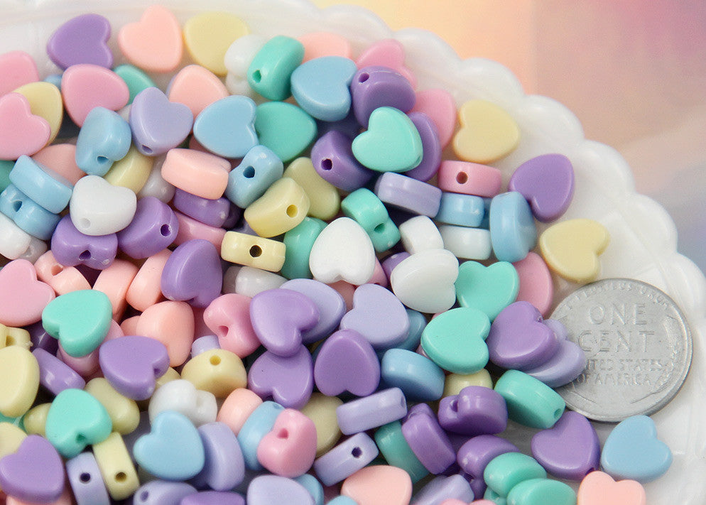 8mm Tiny Plastic Pastel Heart Resin or Acrylic Beads - 200 pc set