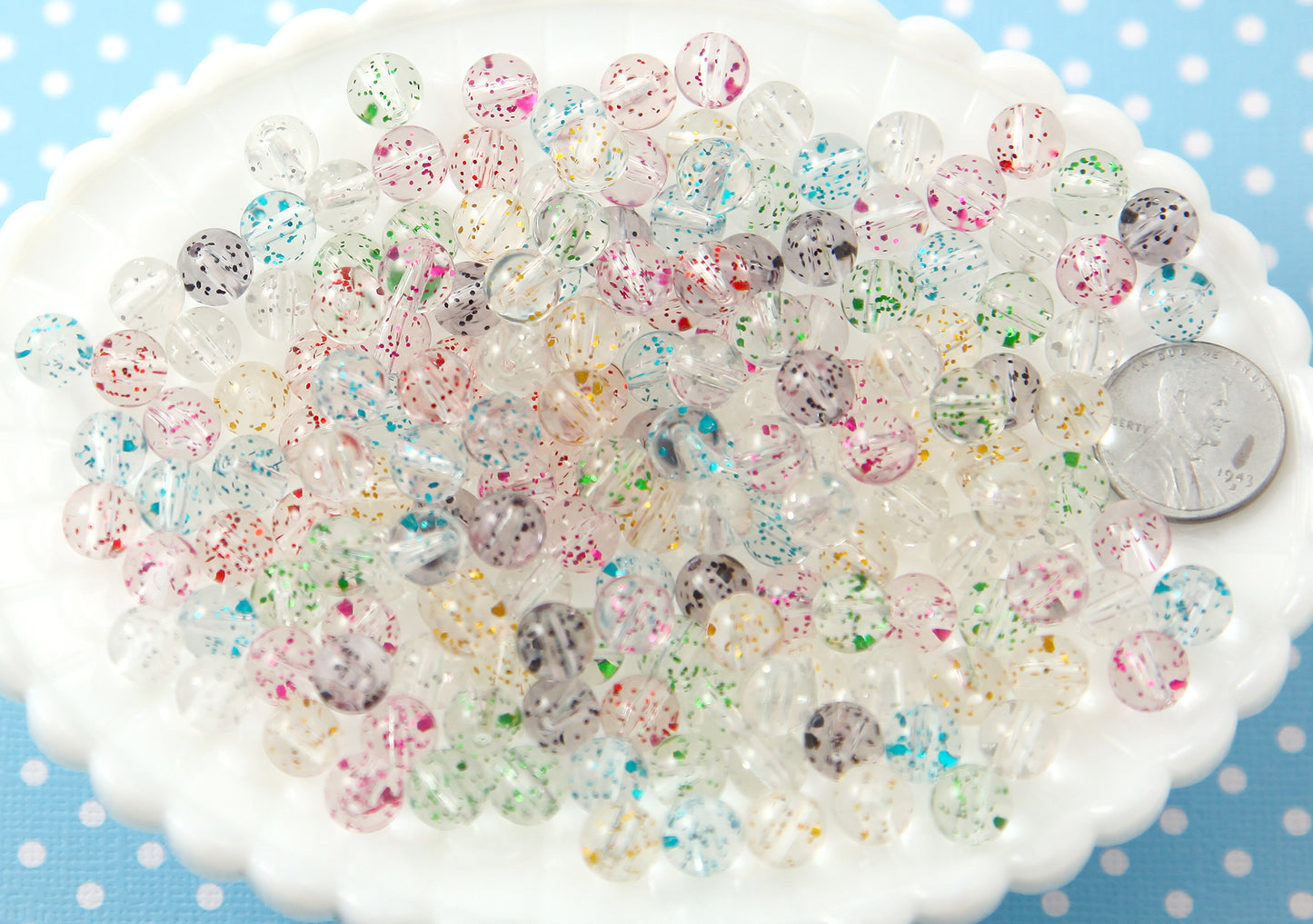 Glitter Beads - 8mm Small Transparent Glitter Acrylic or Plastic Beads - 150 pc set