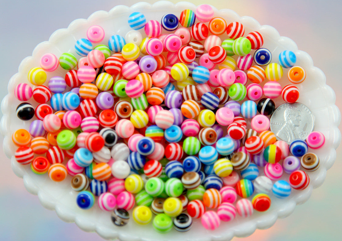 8mm Striped Resin Beads, mixed color, small size beads - 100 pc set