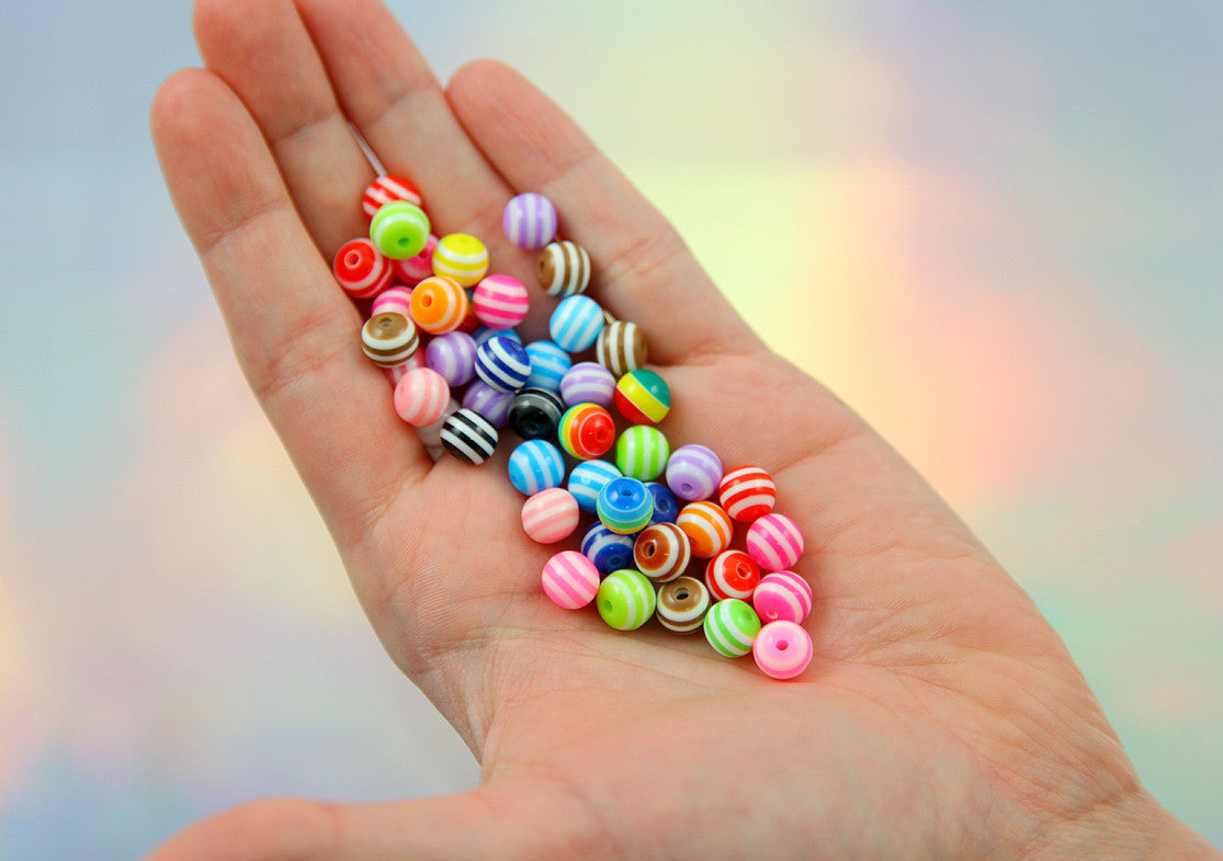 8mm Striped Resin Beads, mixed color, small size beads - 100 pc set