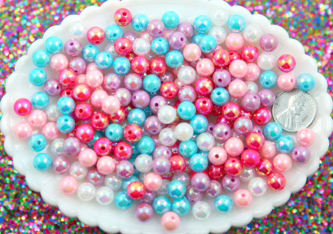Iridescent Beads - 8mm Round Pastel AB Iridescent Acrylic Pearl Plastic Beads - 150 pc set