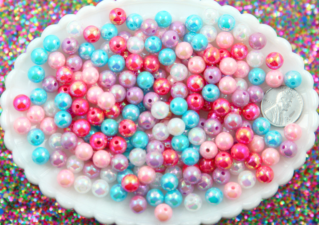 Iridescent Beads - 8mm Round Pastel AB Iridescent Acrylic Pearl Plastic Beads - 150 pc set