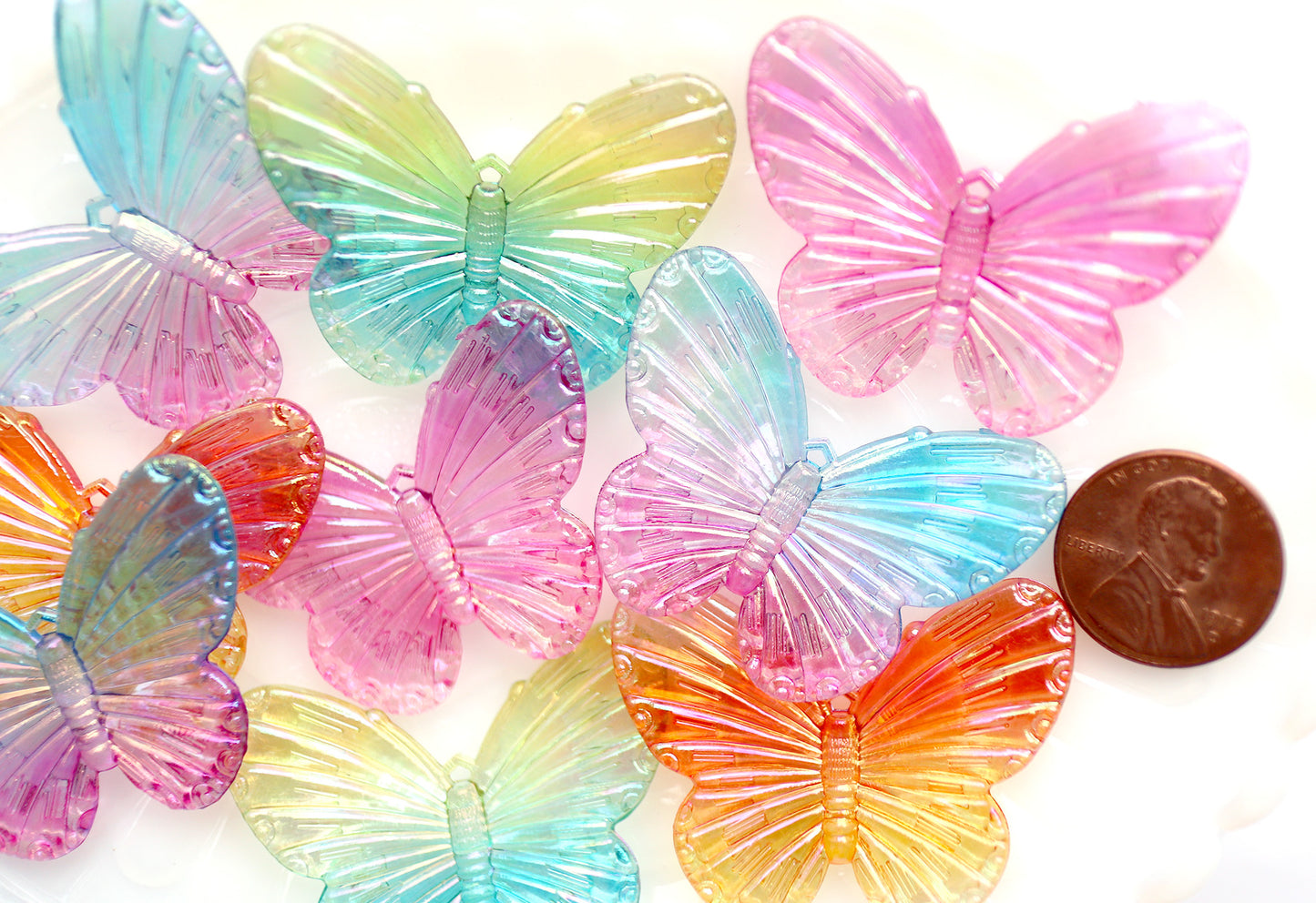 Butterfly Charms - 30mm Big AB Iridescent Butterfly Resin or Acrylic Plastic Charms or Pendants - 8 pc set