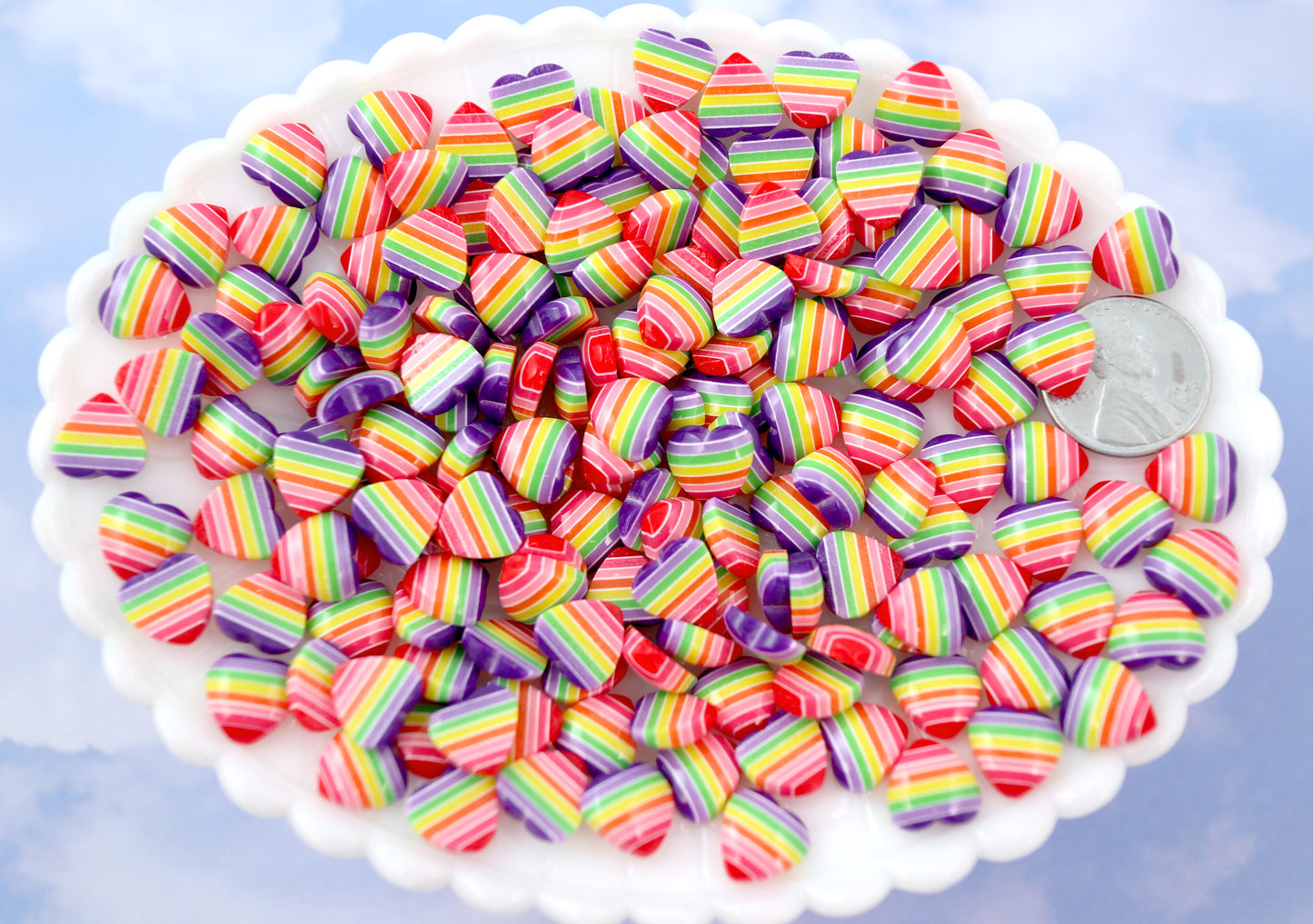 Rainbow Hearts - 10mm Rainbow Striped Hearts Purple Rainbow Acrylic or Resin Flatback Cabochons - 30 pc set
