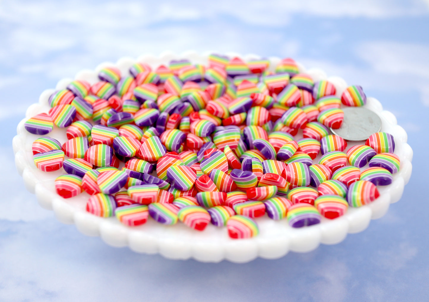 Rainbow Hearts - 10mm Rainbow Striped Hearts Purple Rainbow Acrylic or Resin Flatback Cabochons - 30 pc set