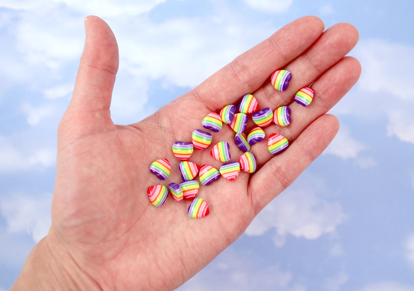 Rainbow Hearts - 10mm Rainbow Striped Hearts Purple Rainbow Acrylic or Resin Flatback Cabochons - 30 pc set