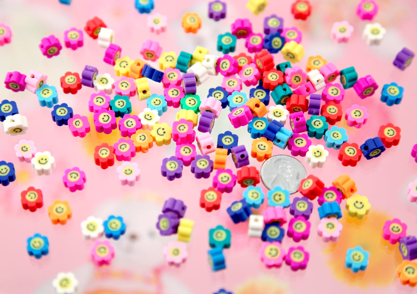 Happy Flower Beads - 9mm Happy Face Flower with Smile Shape Fimo or Polymer Clay Beads - 50 pc set