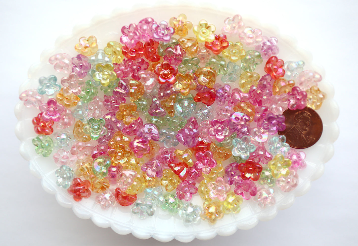 Flower Beads - 10mm Tiny 3D Flower AB Bead with Back Hole Iridescent Transparent Color Plastic Acrylic or Resin Beads – 150 pc set