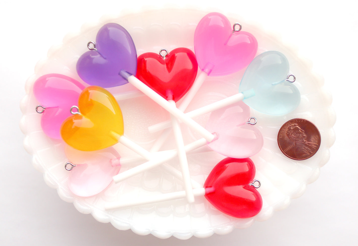 Heart Lollipop Charms - 70mm Big Translucent Heart Shaped Fake Candy Acrylic or Resin Charms - 6 pc set