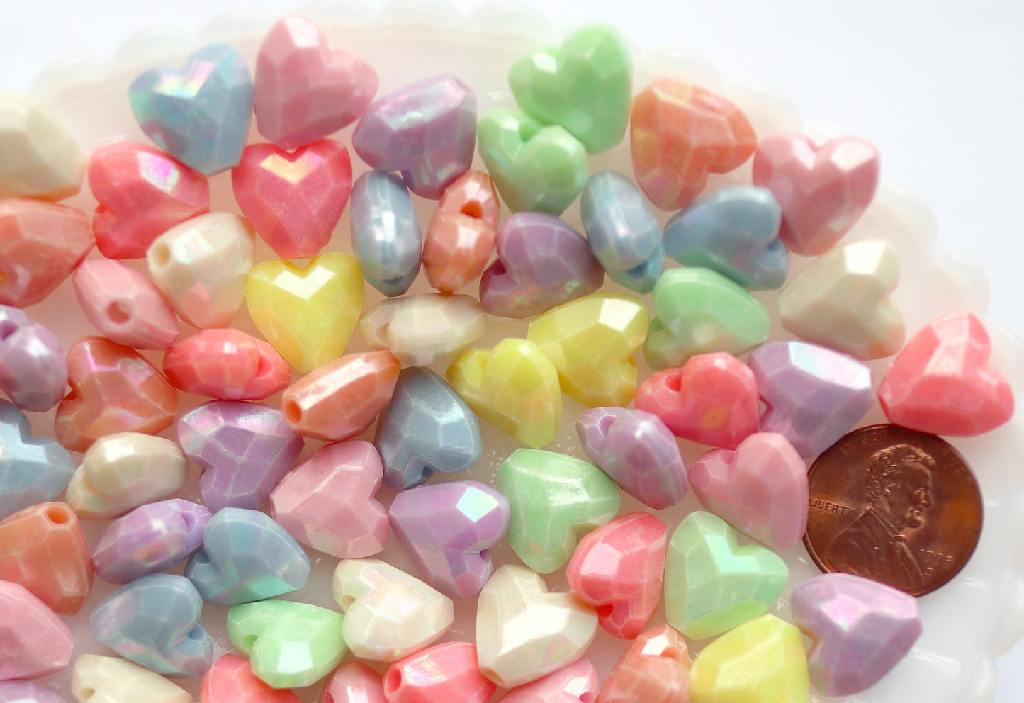Pastel Heart Beads - 13mm Faceted Pastel Heart Beautiful Bright Hearts Acrylic or Resin Beads - 100 pcs set