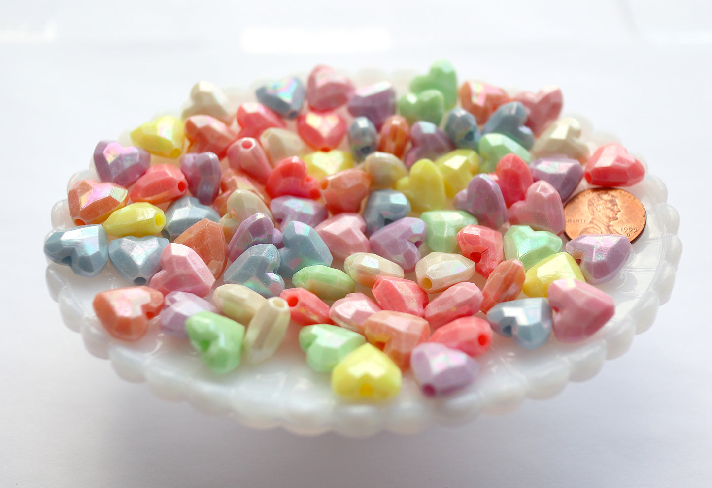 Pastel Heart Beads - 13mm Faceted Pastel Heart Beautiful Bright Hearts Acrylic or Resin Beads - 100 pcs set