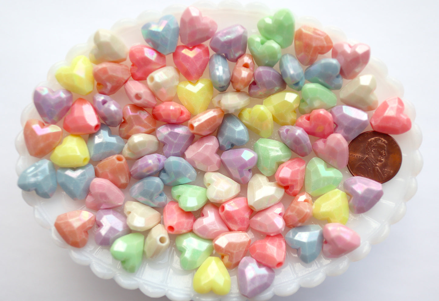 Pastel Heart Beads - 13mm Faceted Pastel Heart Beautiful Bright Hearts Acrylic or Resin Beads - 100 pcs set